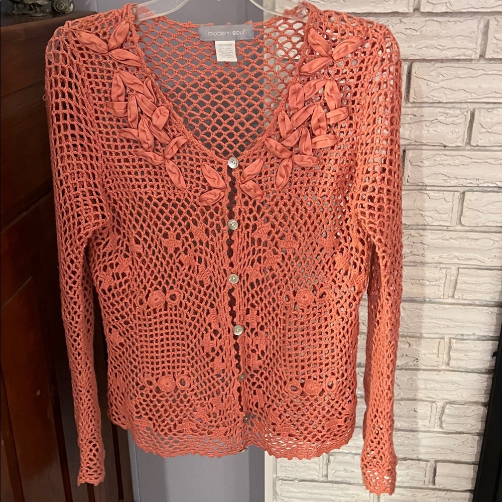 Modern Soul Open-Knit V-Neck Cardigan w/ Ribbon Detail
